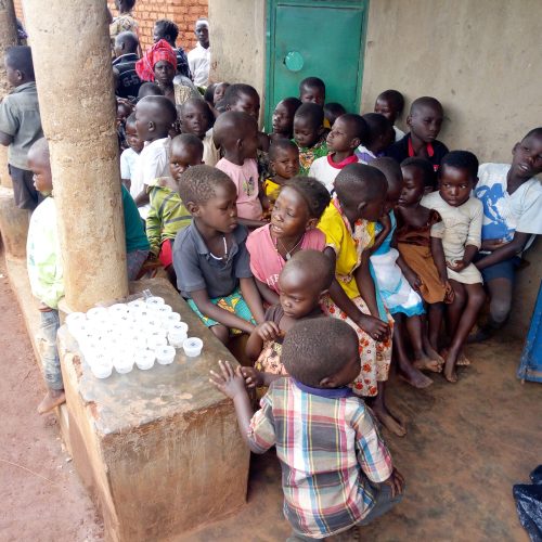 Children in Olalo village, Zeu Sub County, Zombo District brought their stool sample for examination during the deworming campaigne.